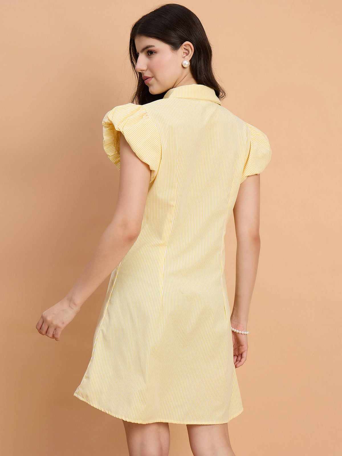 Yellow Stylish Striped Women A-Line Cotton Collar Dress | D56 - view 2