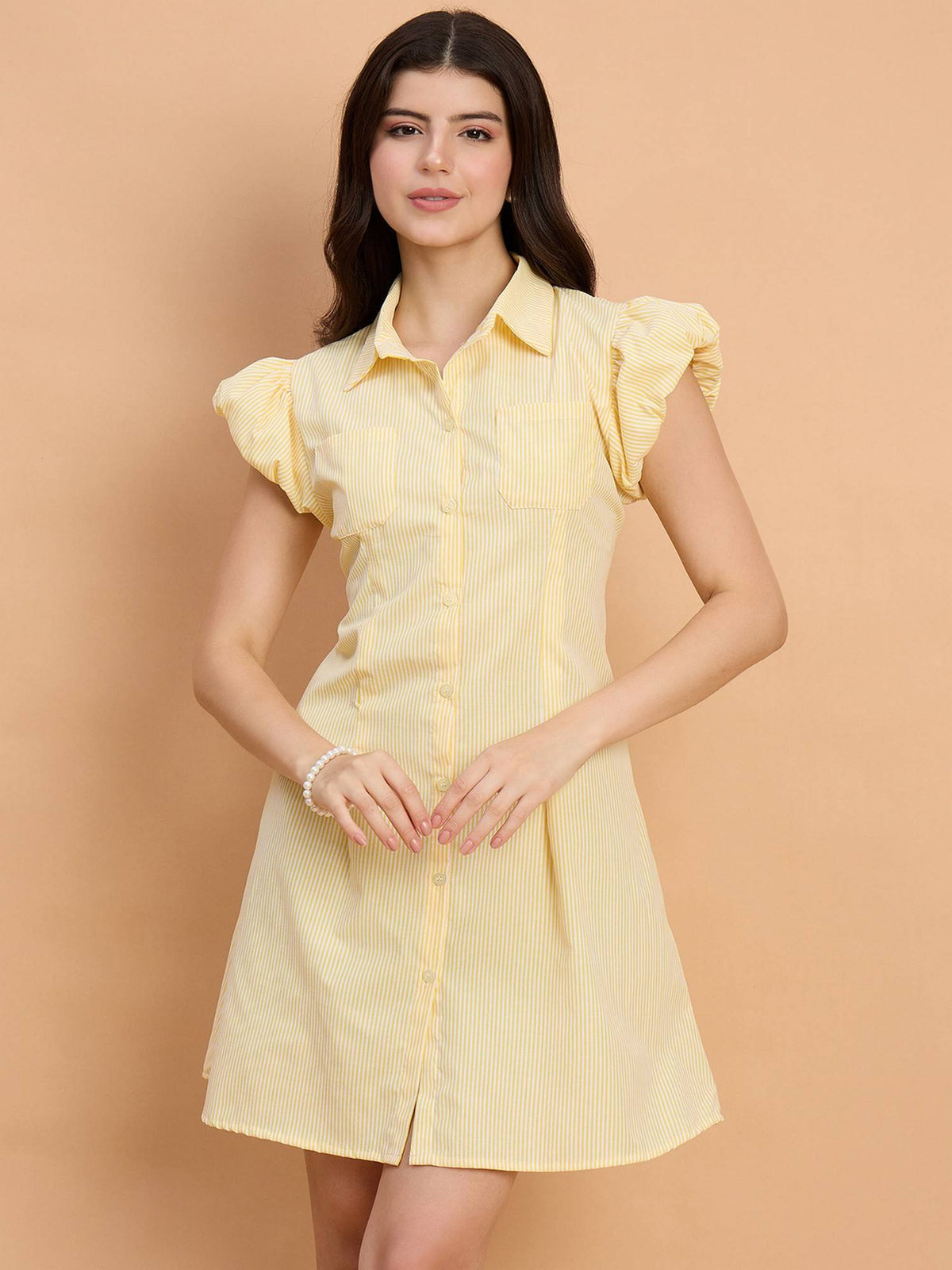 Yellow Stylish Striped Women A-Line Cotton Collar Dress | D56 - view 3