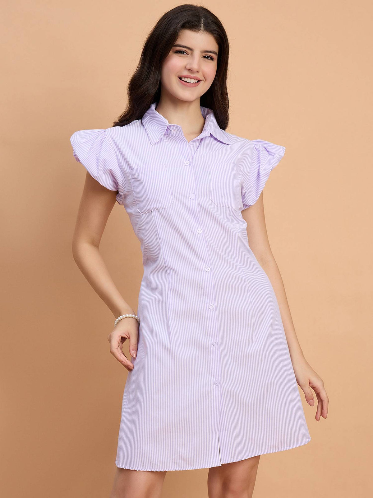 Yellow Stylish Striped Women A-Line Cotton Collar Dress | D56 - view 7