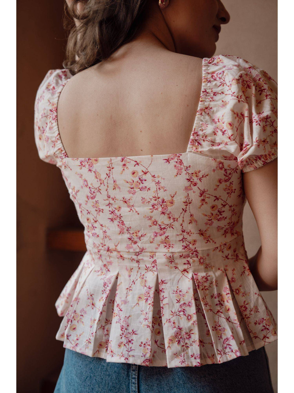 Floral Print Cotton Sweetheart Neck Peplum Top | pt51 - view 2