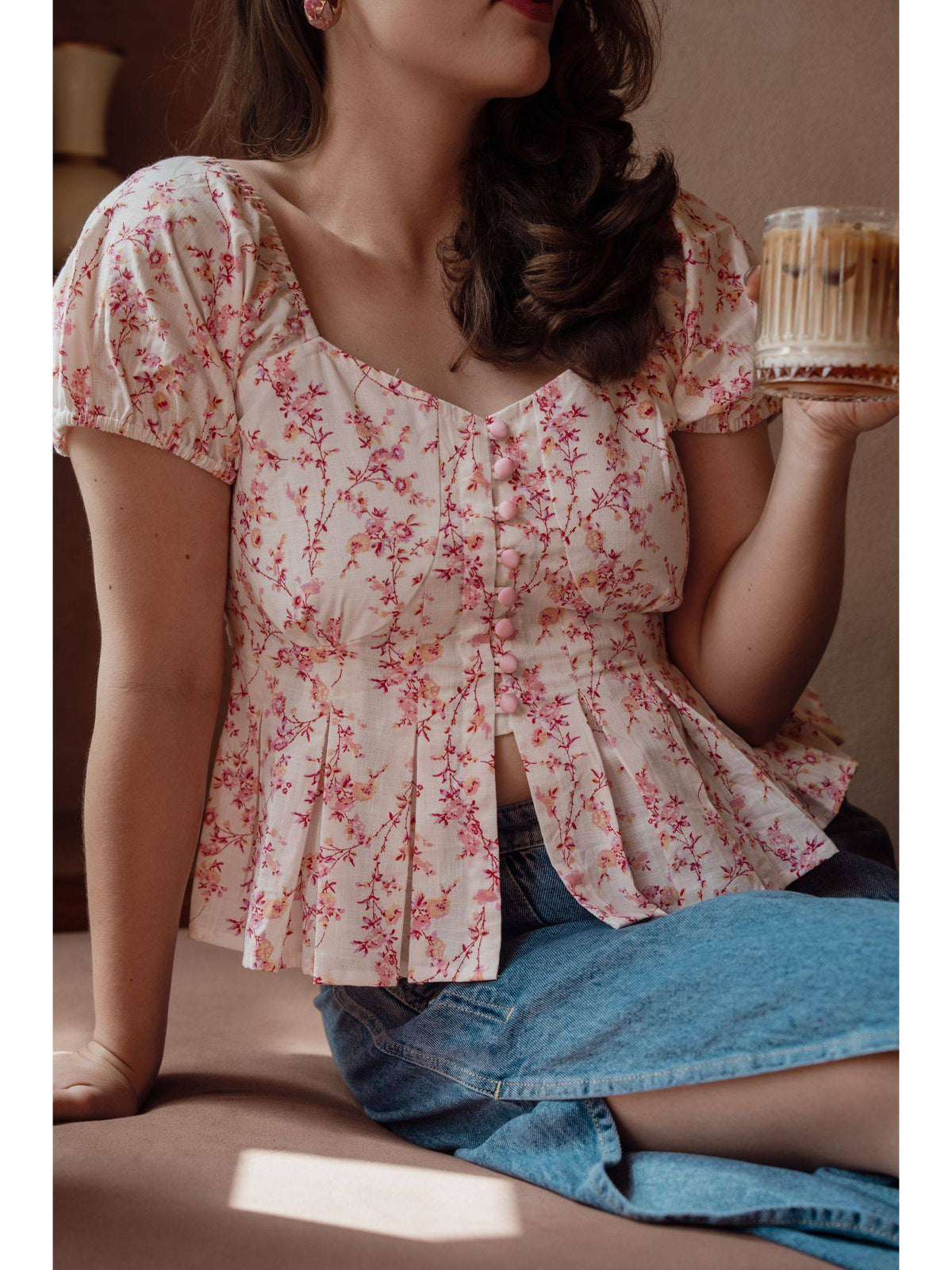 Floral Print Cotton Sweetheart Neck Peplum Top | pt51 - view 3