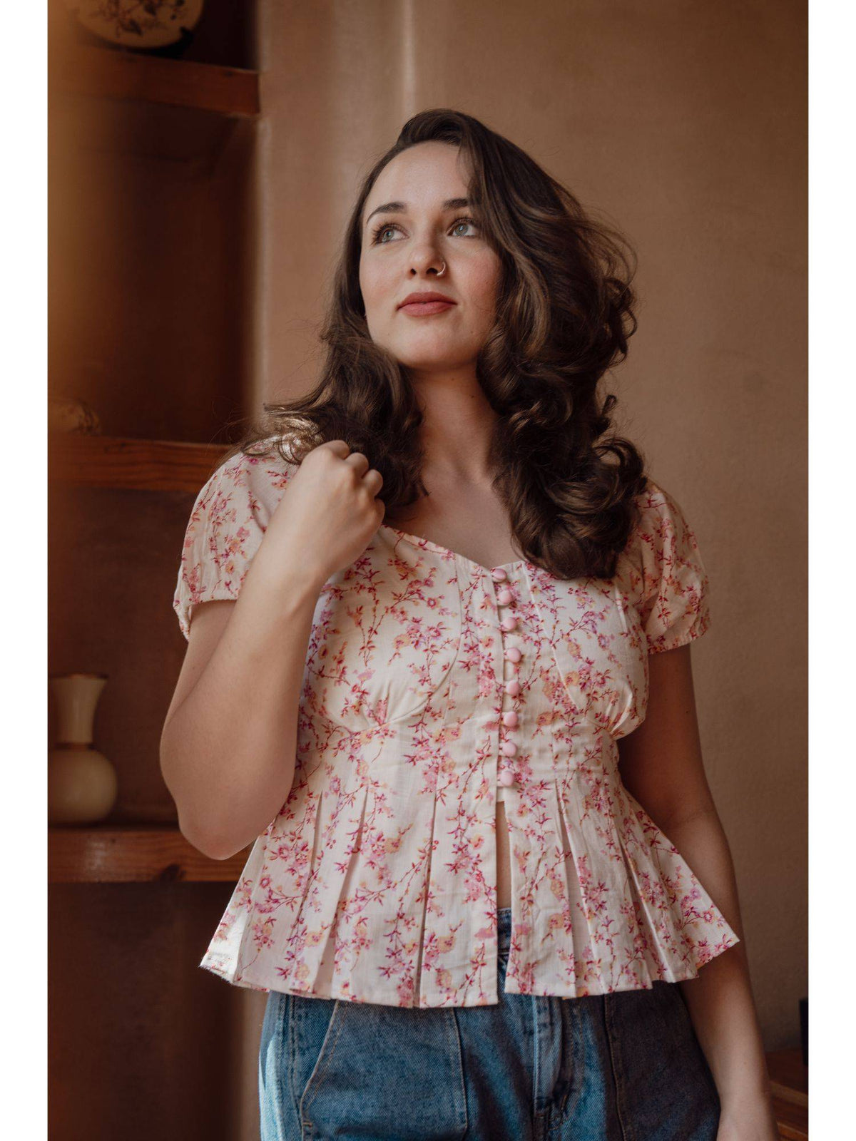 Floral Print Cotton Sweetheart Neck Peplum Top | pt51 - view 4