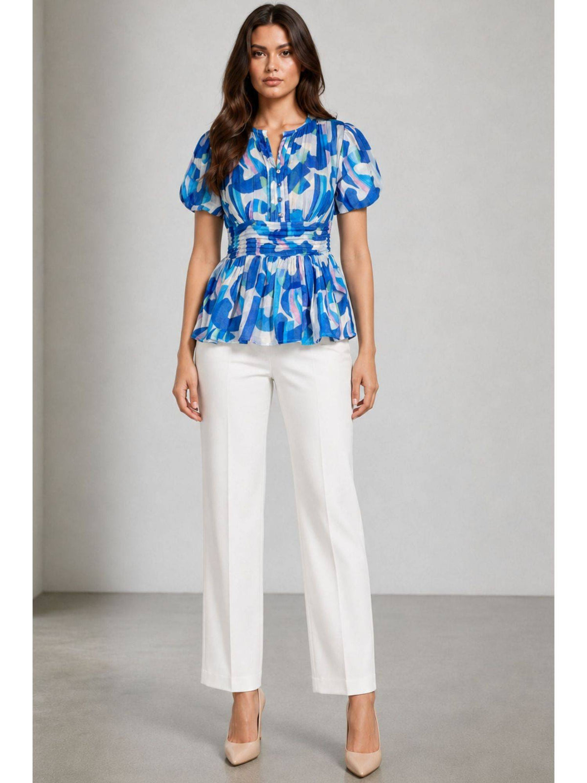 Printed Cotton Pintuck Detail Peplum Top For Women Blue | pt51 - view 2