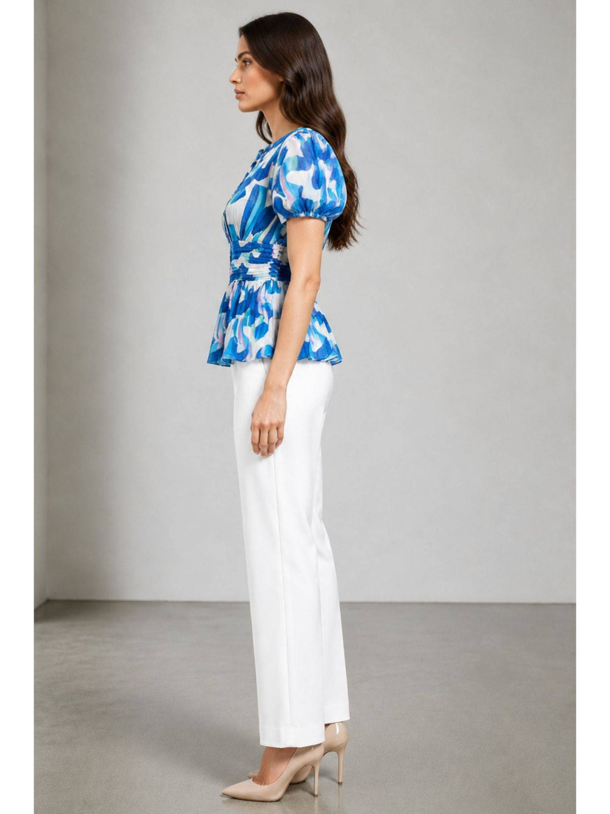 Printed Cotton Pintuck Detail Peplum Top For Women Blue | pt51 - view 3