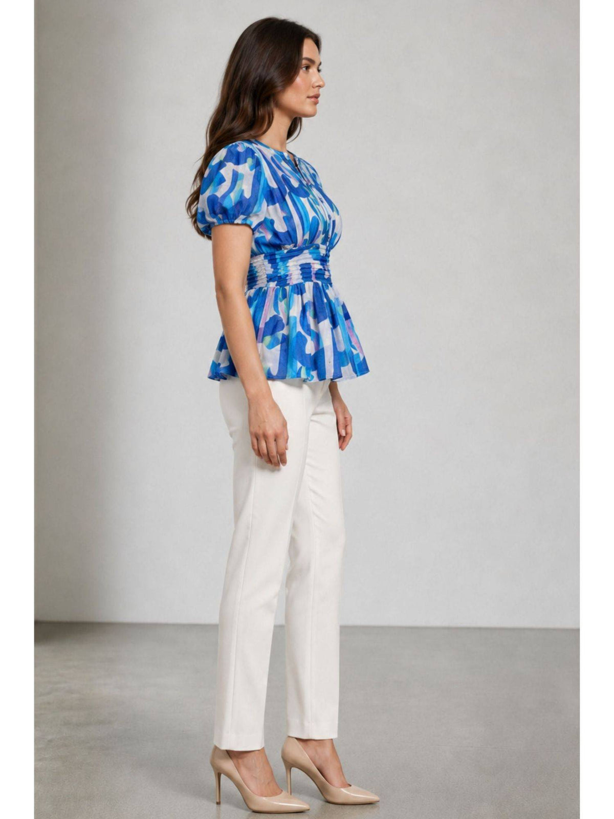 Printed Cotton Pintuck Detail Peplum Top For Women Blue | pt51 - view 4