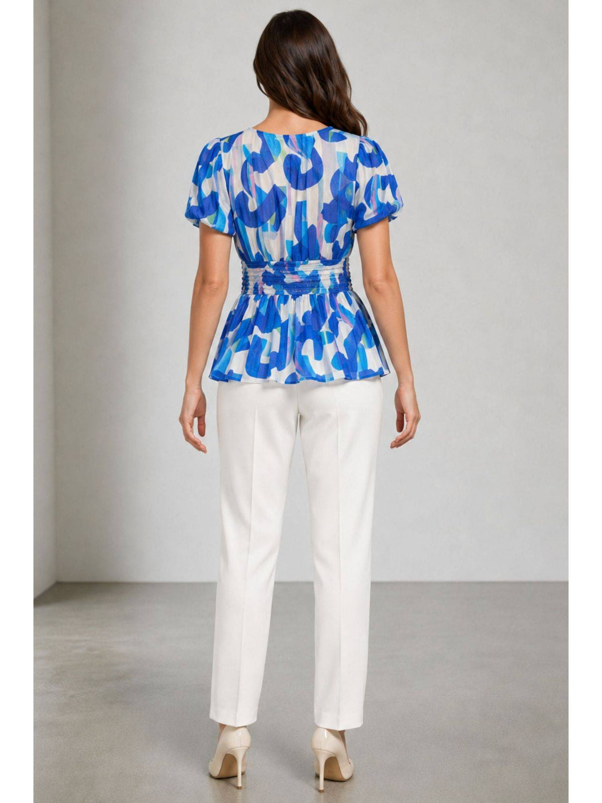 Printed Cotton Pintuck Detail Peplum Top For Women Blue | pt51 - view 5