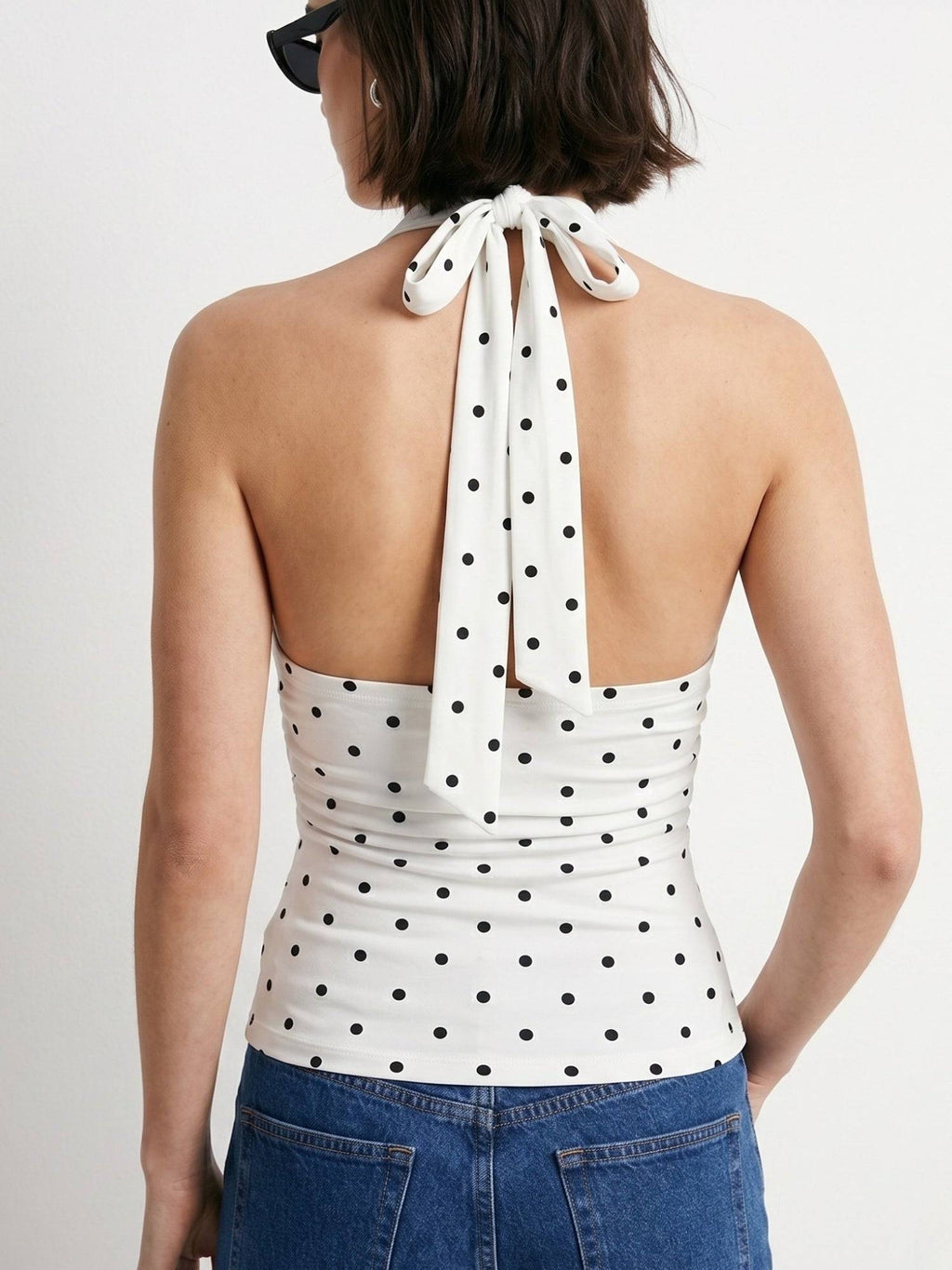 White Halter Neck Polka Dotted Peplum Top | HT67 - view 5