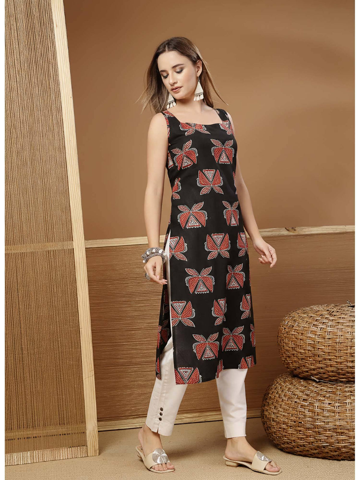 Women's Rust Block Printed Cotton Straight Kurta | U3S - view 8