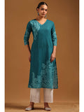 Teal Cotton Kurta with Ethnic Motifs and Beads | FY93 - view 1