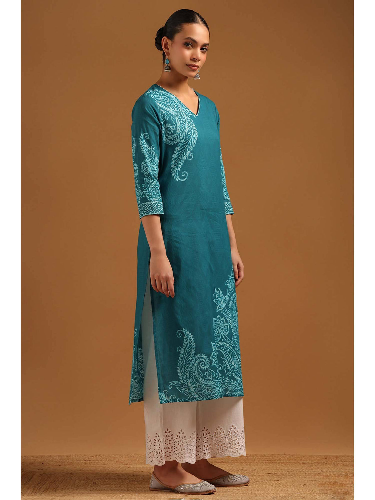 Teal Cotton Kurta with Ethnic Motifs and Beads | KDG - view 2