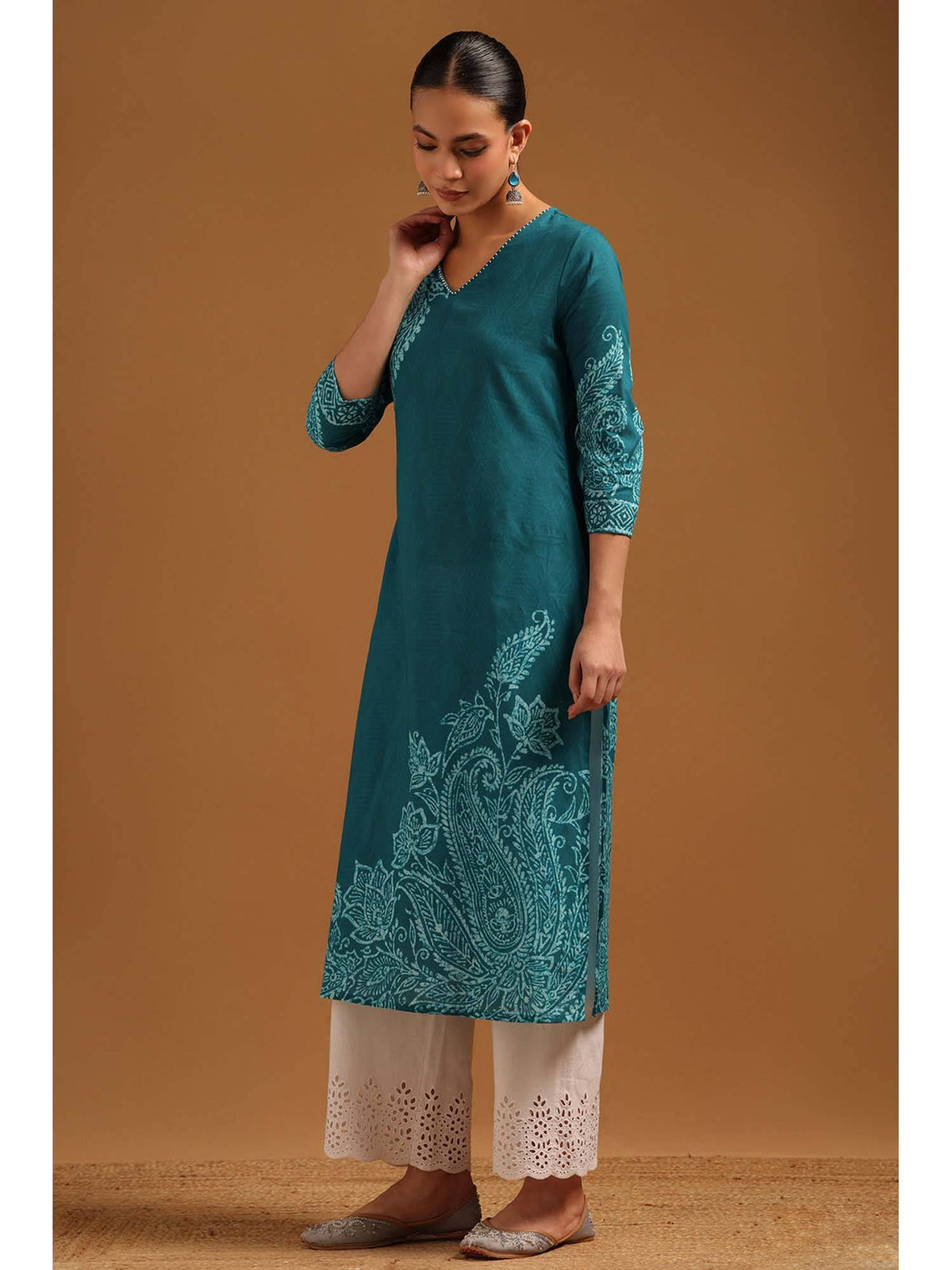 Teal Cotton Kurta with Ethnic Motifs and Beads | U3S - view 3