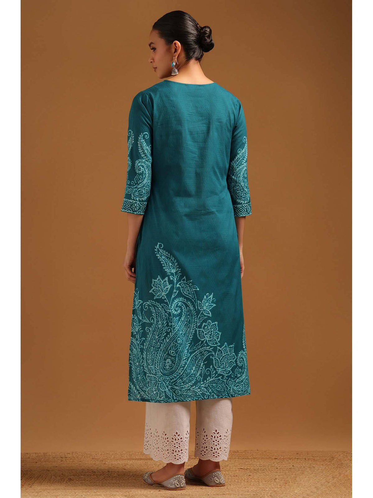 Teal Cotton Kurta with Ethnic Motifs and Beads | FY93 - view 4