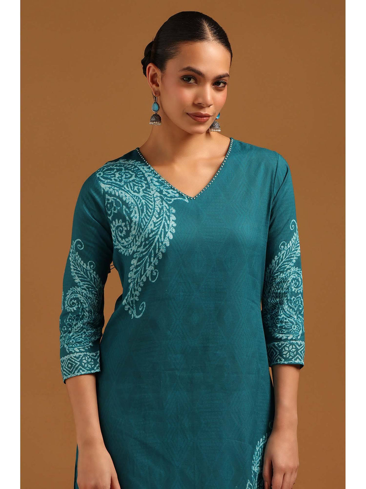 Teal Cotton Kurta with Ethnic Motifs and Beads | KDG - view 5