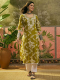Green Embroidered Cotton Straight Kurta | U3S - view 1