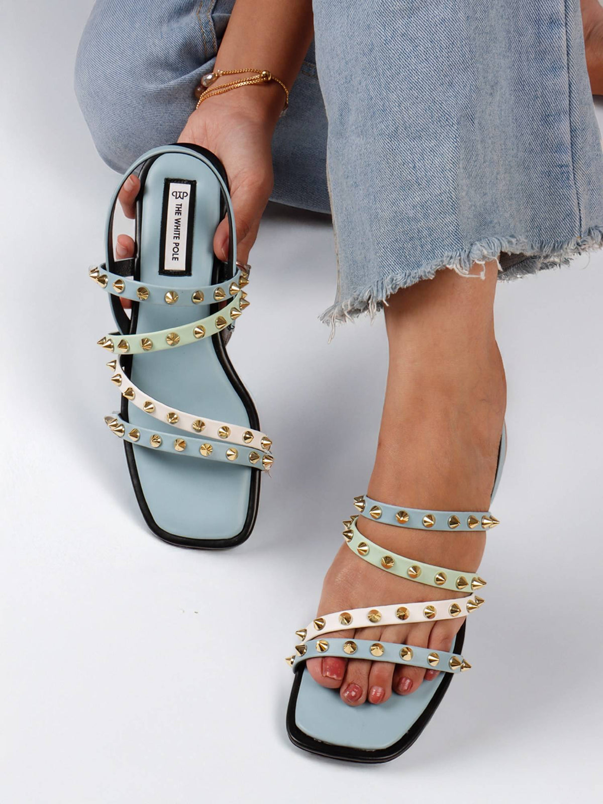 Stylish Leather Blue Sandals with Studded Straps Effortless | SD89 - view 1