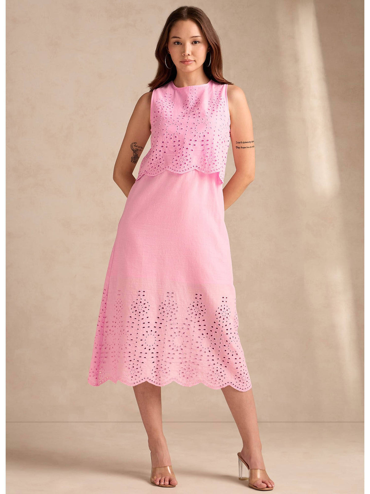 Orange Sleeveless Schiffli Midi Dress | D56 - view 7