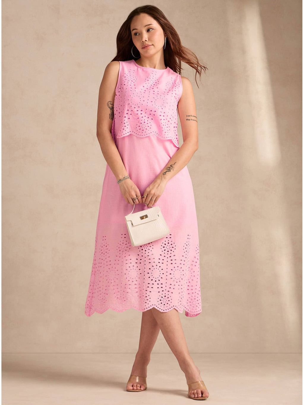 Orange Sleeveless Schiffli Midi Dress | D56 - view 9