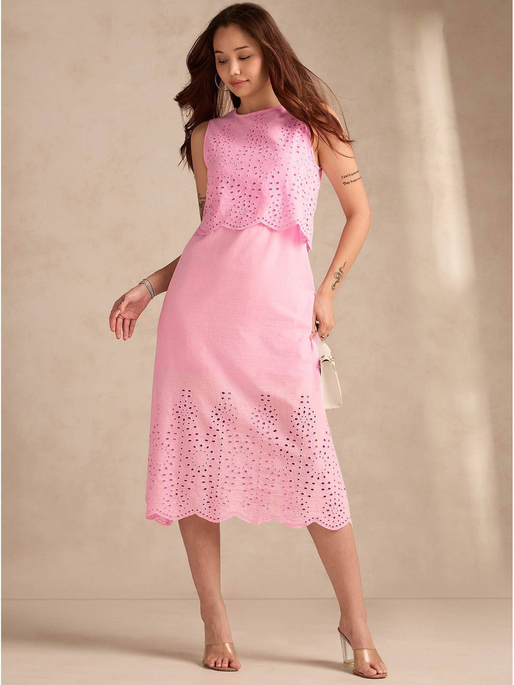 Orange Sleeveless Schiffli Midi Dress | D56 - view 10