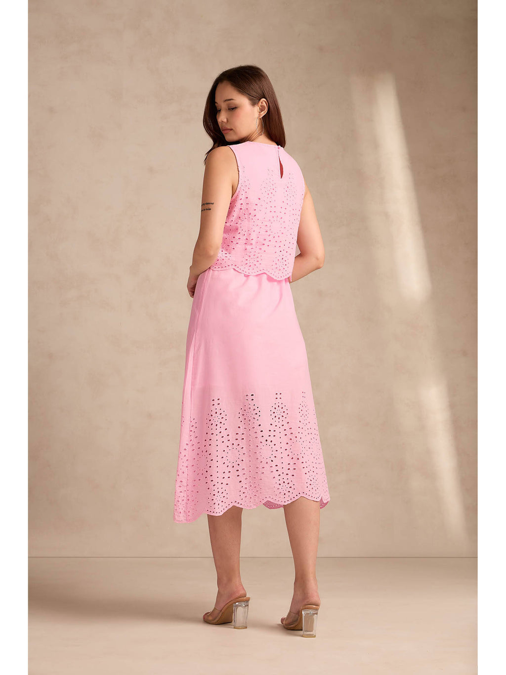 Orange Sleeveless Schiffli Midi Dress | D56 - view 11