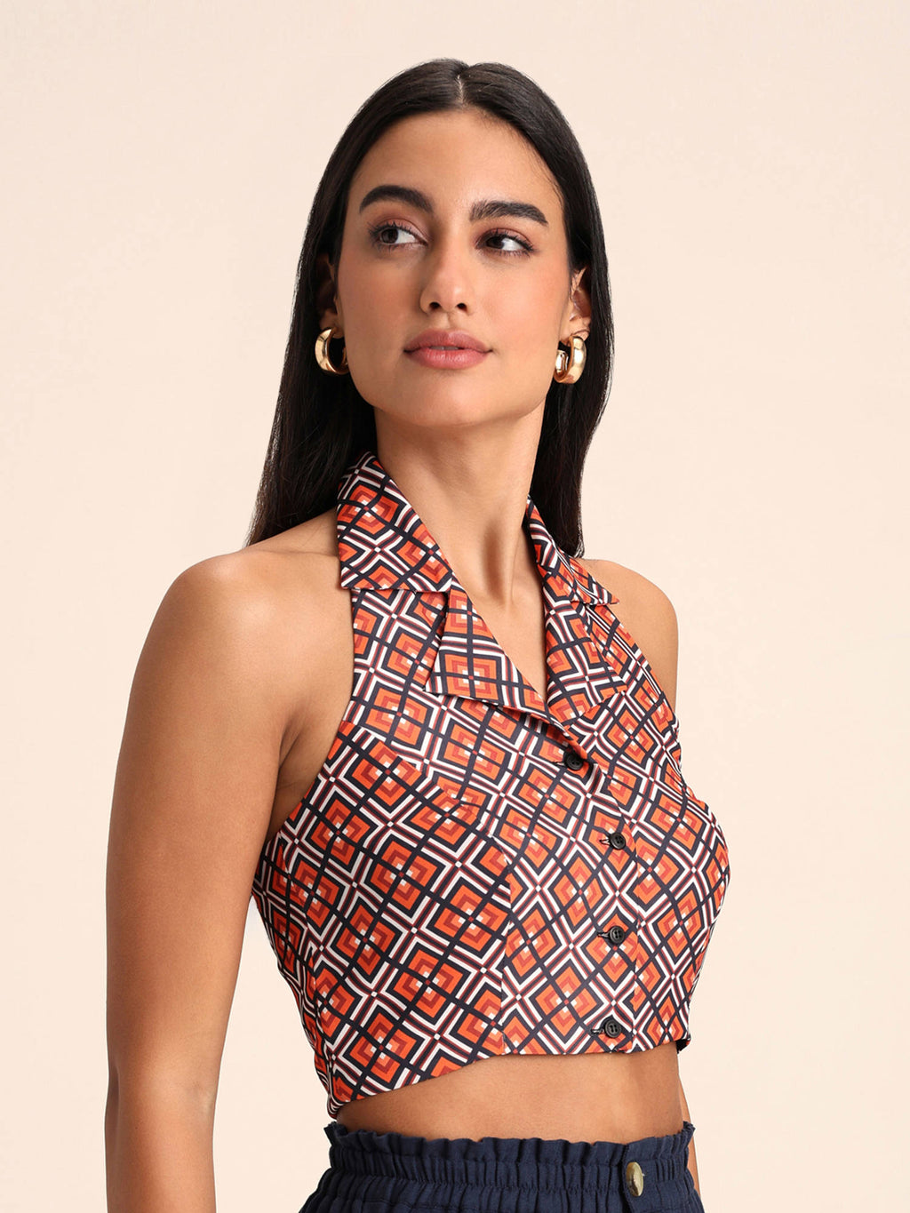 Multicolor Geometric Print Lapel Collar Sleeveless Crop Top | CT61 - view 3