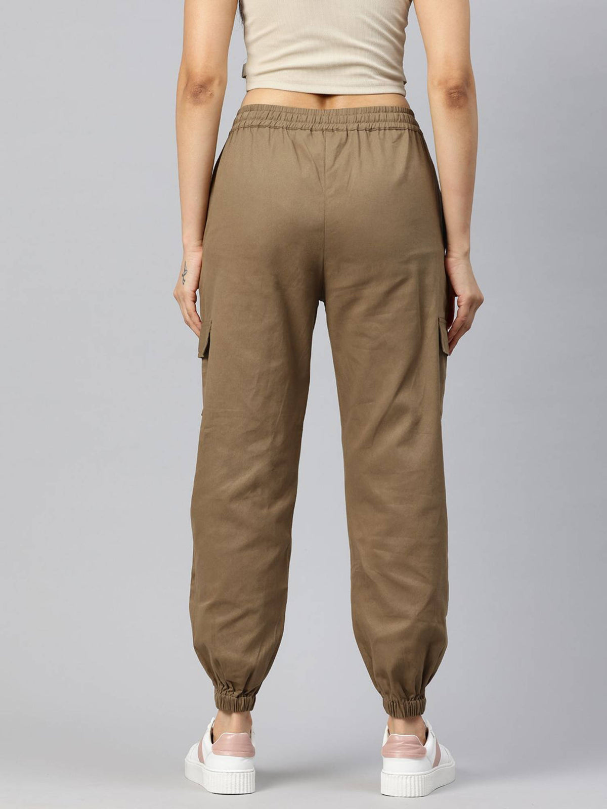 Women Solid Khaki Cotton Cargo Joggers | WJ89 - view 2