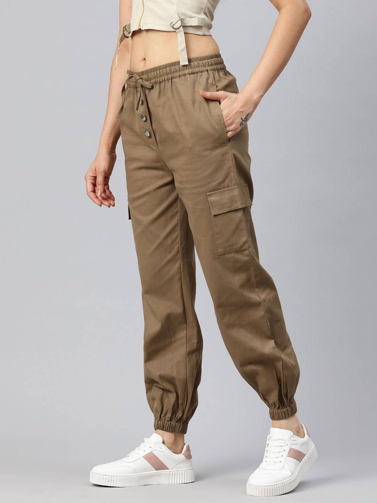 Women Solid Khaki Cotton Cargo Joggers | WJ89 - view 3