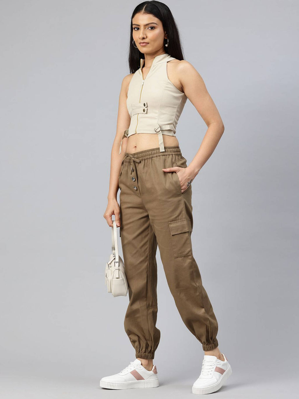 Women Solid Khaki Cotton Cargo Joggers | WJ89 - view 4