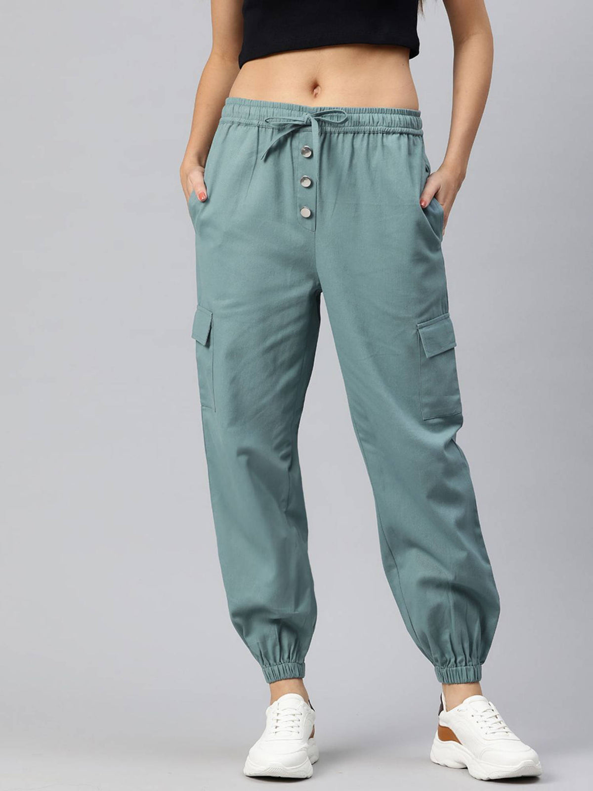Women Solid Khaki Cotton Cargo Joggers | WJ89 - view 15