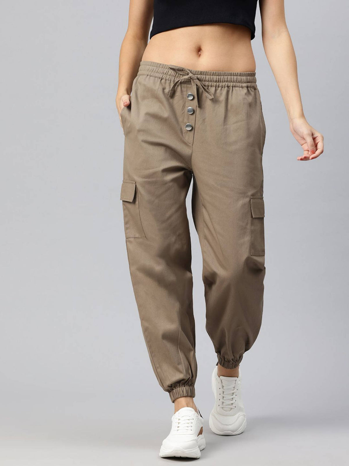 Women Solid Khaki Cotton Cargo Joggers | WJ89 - view 8