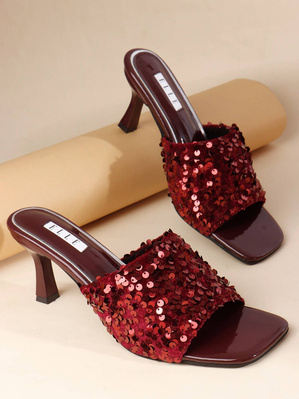 Women Maroon Sequin-Embellished Square-Toe Stilettos Heels | H78 - view 3