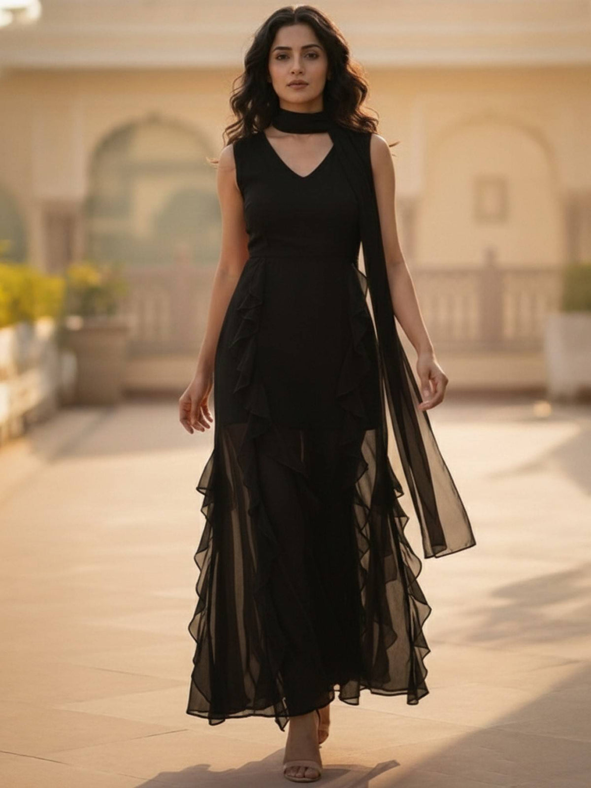 Black Chiffon Ruffled Dress | D56 - view 6