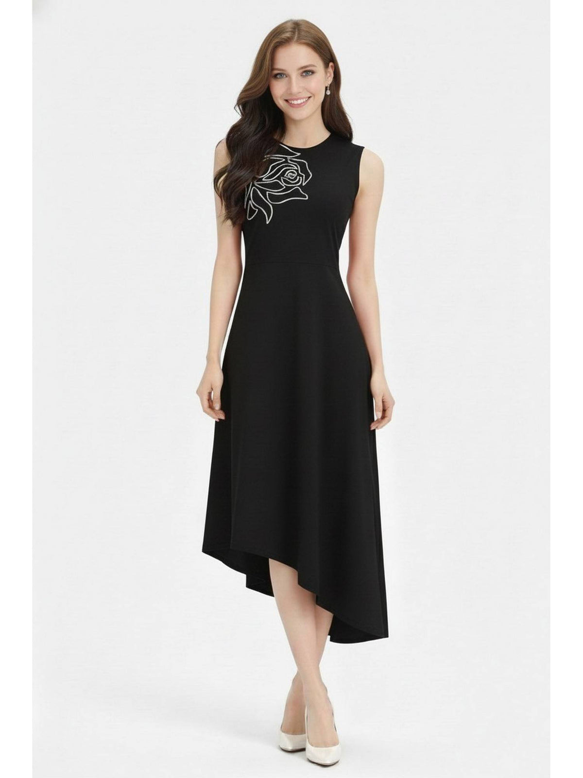Black Embroidered Asymmetric Dress | D56 - view 1