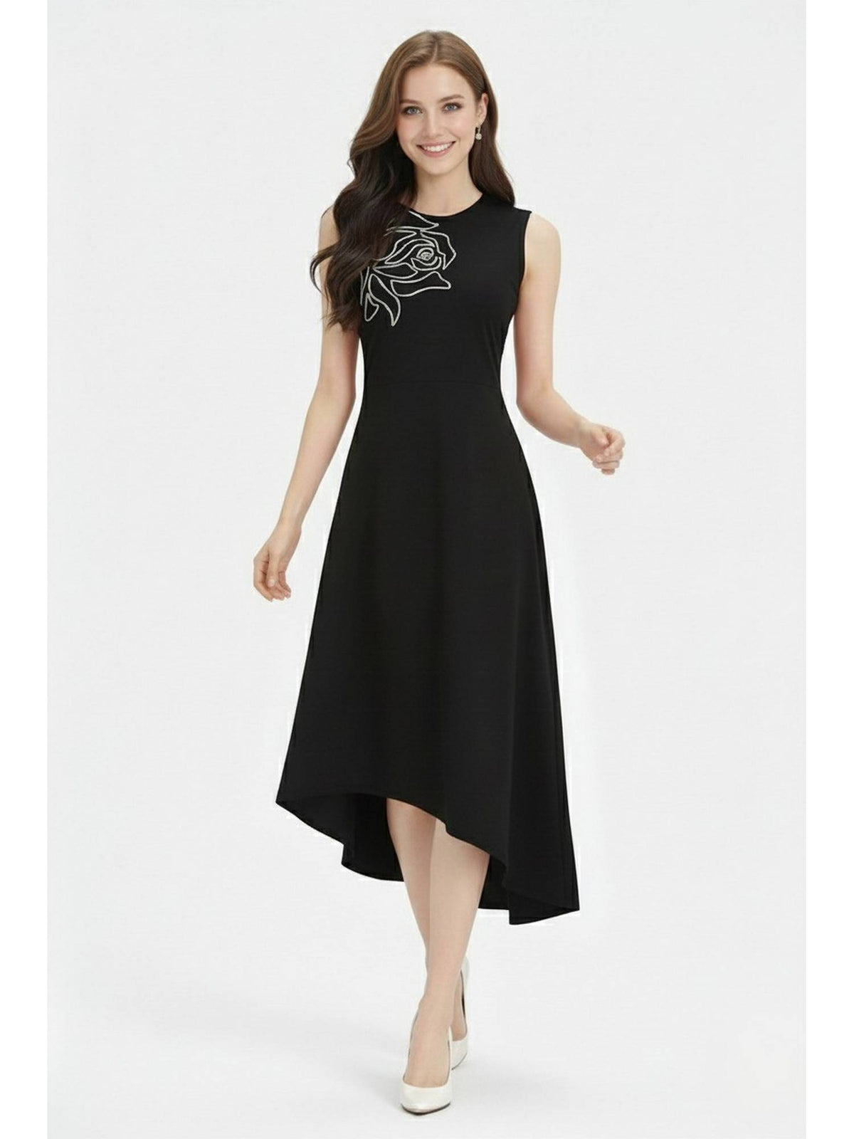 Black Embroidered Asymmetric Dress | D56 - view 4