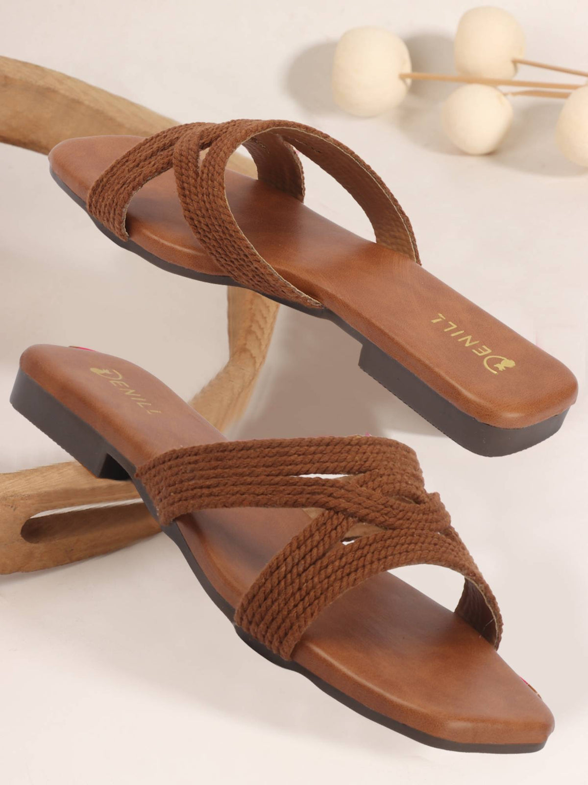 Women Brown Woven Strap Slip-On Flats | F61 - view 2