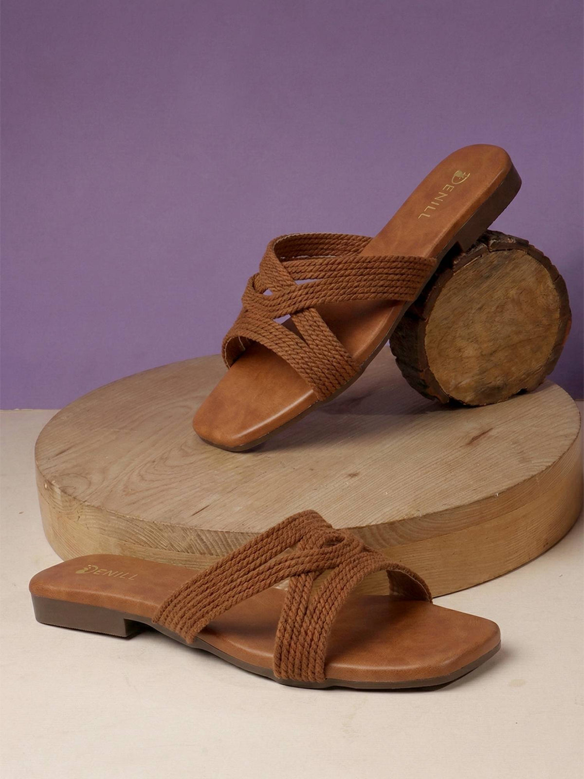 Women Brown Woven Strap Slip-On Flats | F61 - view 3