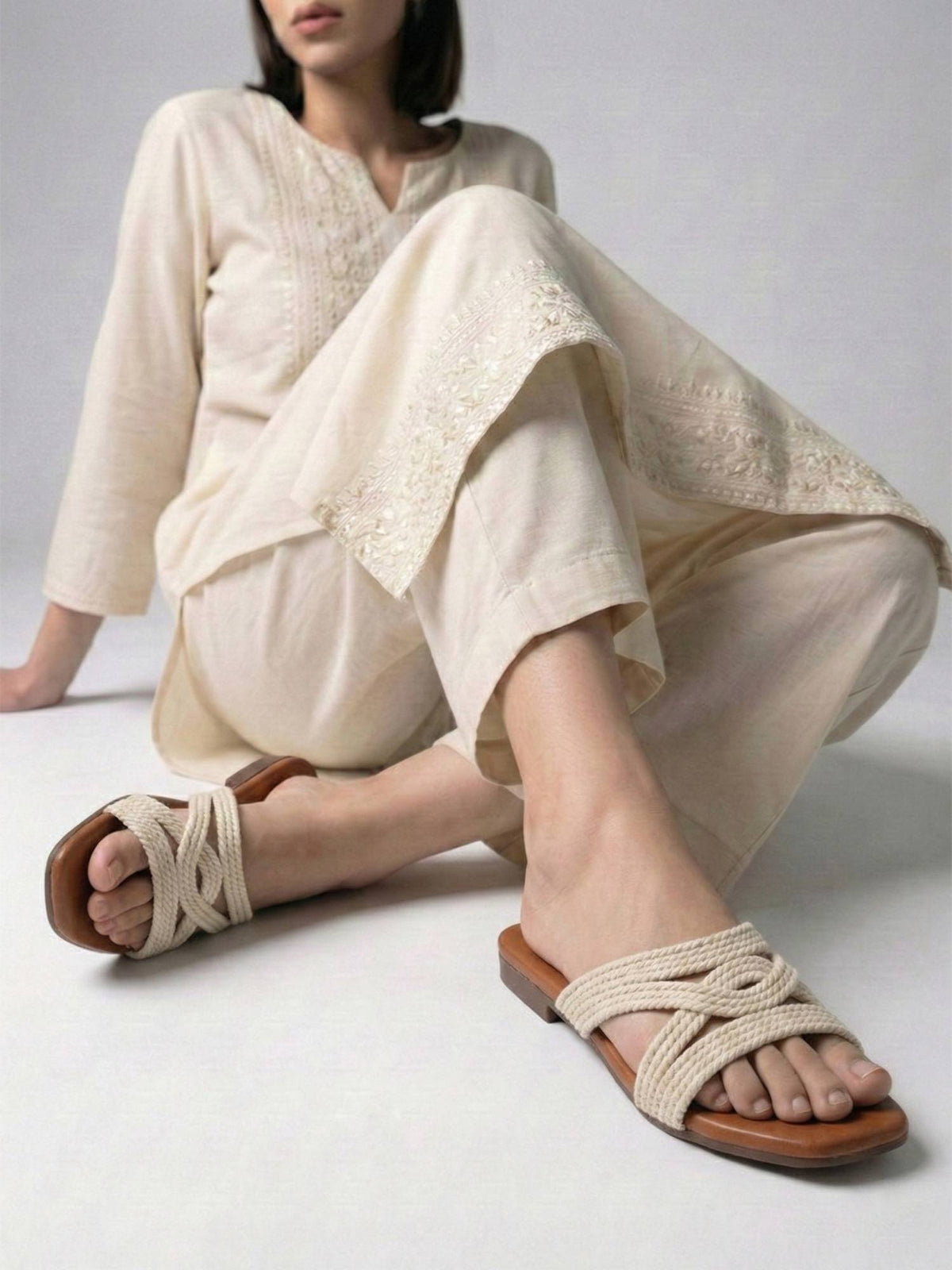 Women White Woven Strap Slip-On Flats | F61 - view 1