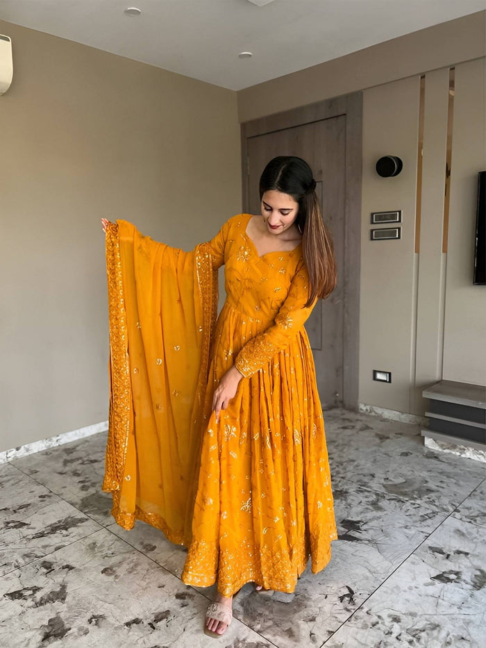 Mustard Georgette Anarkali Kurta and Dupatta | U3S - view 1