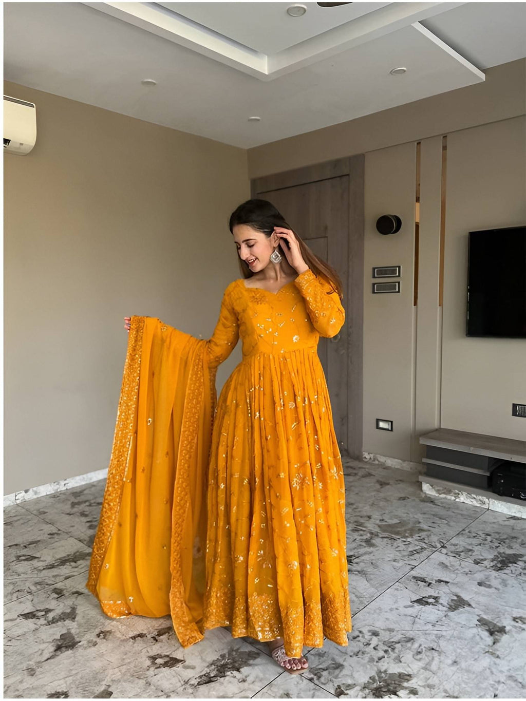 Mustard Georgette Anarkali Kurta and Dupatta | U3S - view 2