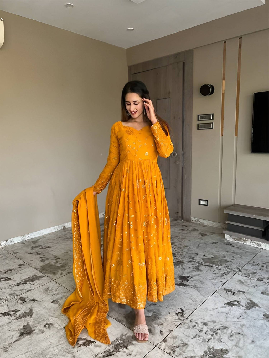 Mustard Georgette Anarkali Kurta and Dupatta | U3S - view 3