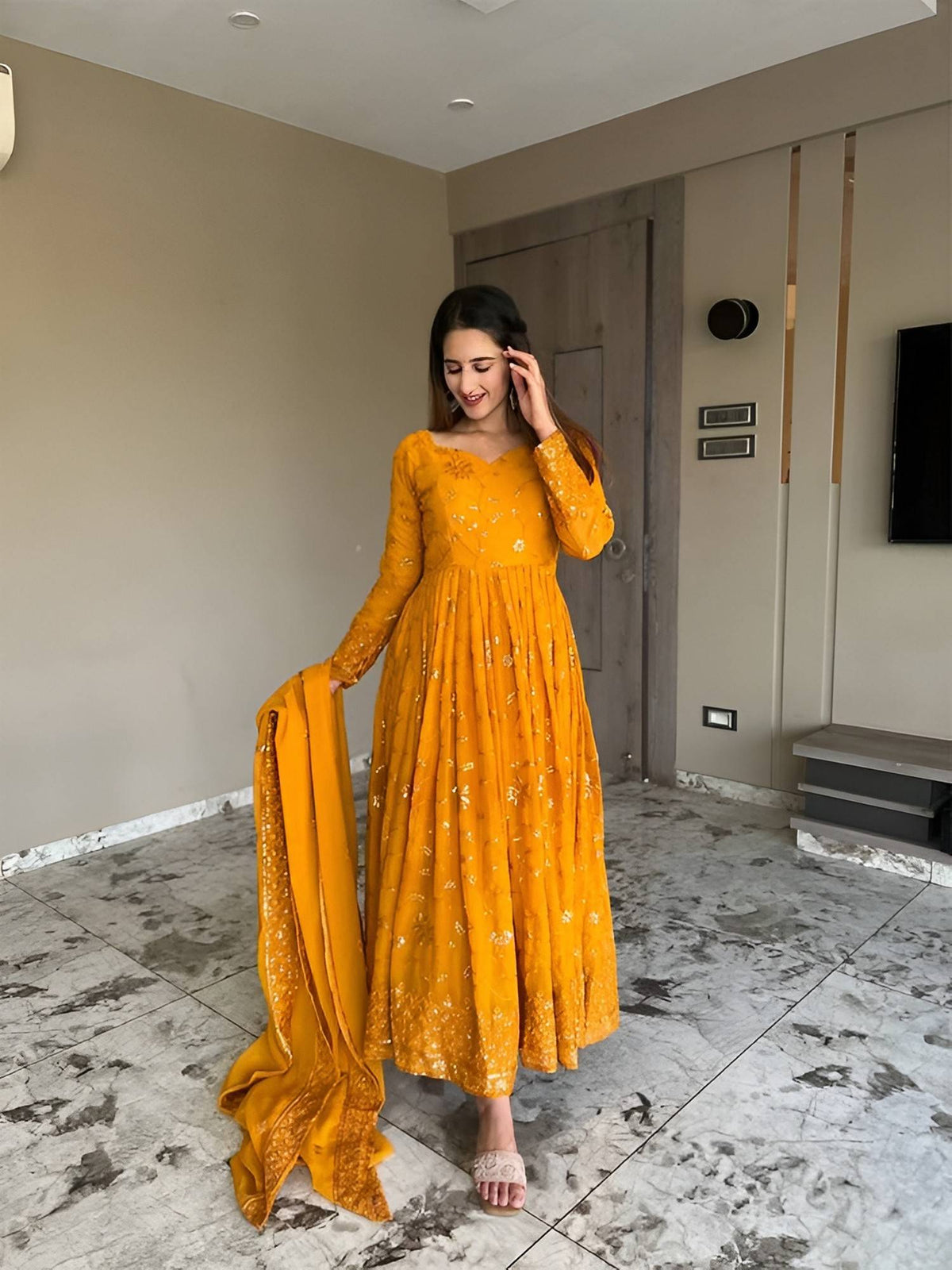 Mustard Georgette Anarkali Kurta and Dupatta | U3S - view 3