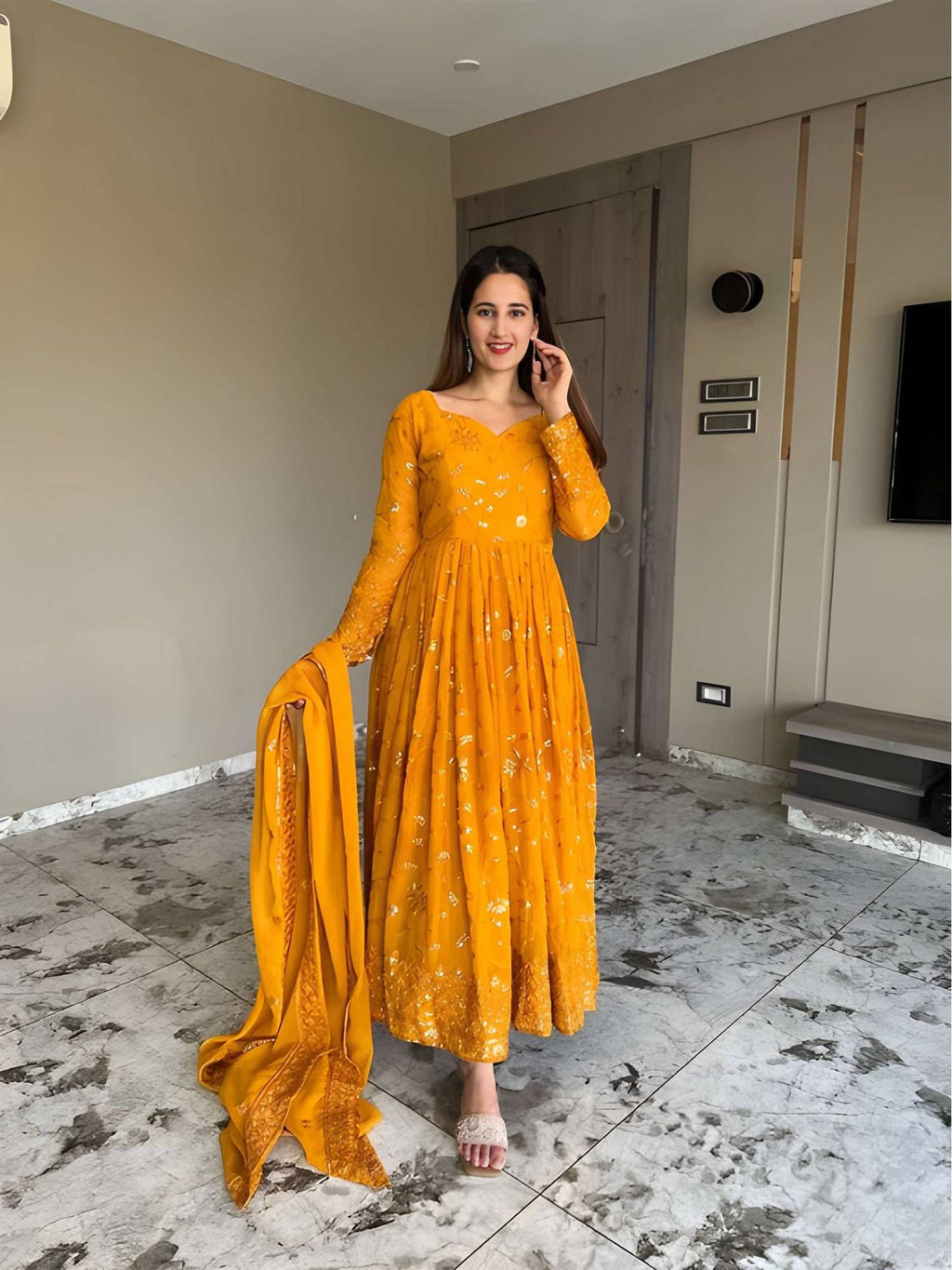 Mustard Georgette Anarkali Kurta and Dupatta | U3S - view 4