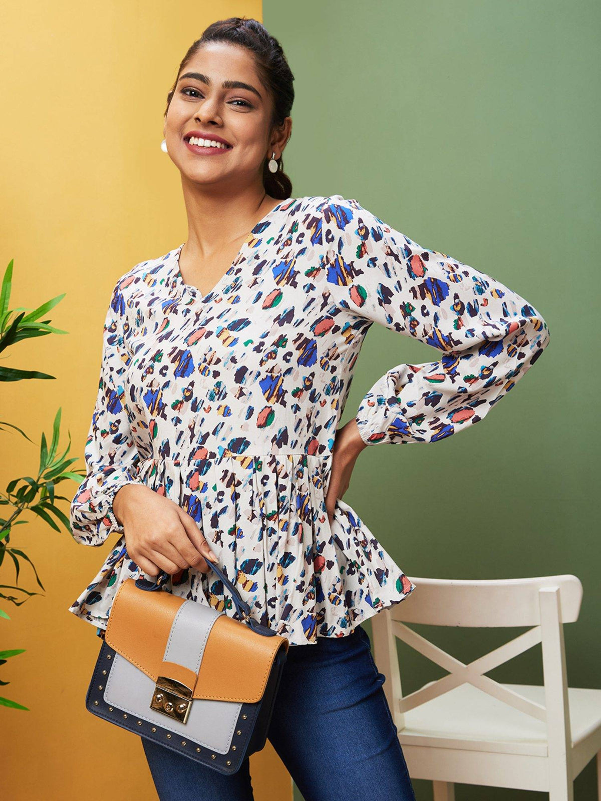 Women Multi Printed Casual V-Neck Peplum Top | pt51 - view 1
