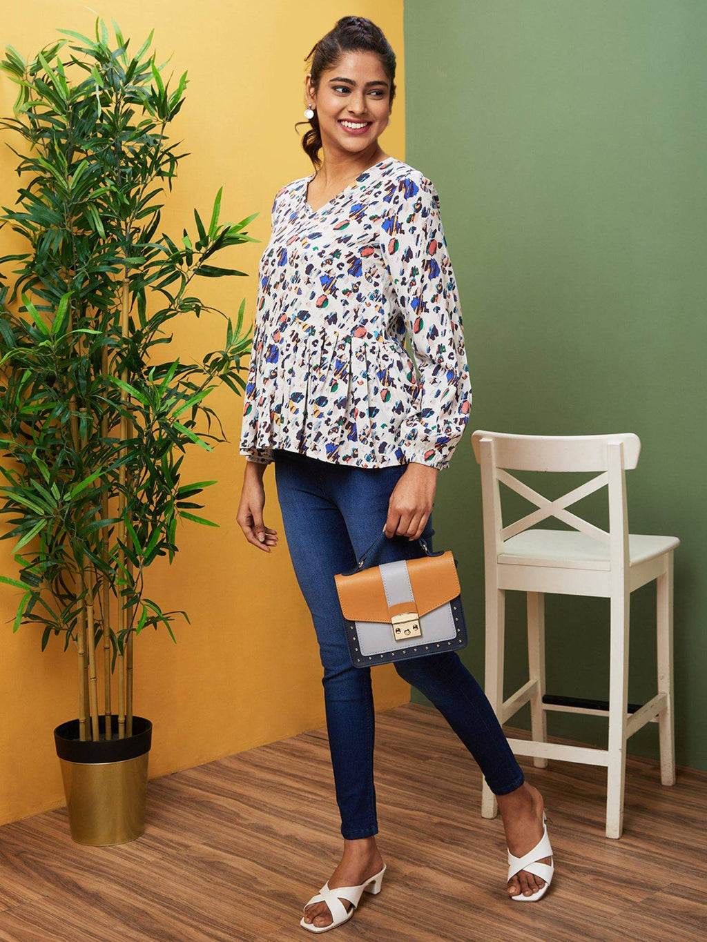 Women Multi Printed Casual V-Neck Peplum Top | pt51 - view 5