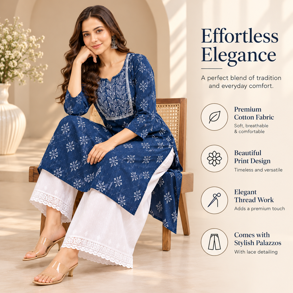 Navy Blue Printed Kurta with White Lace-Trim Palazzo