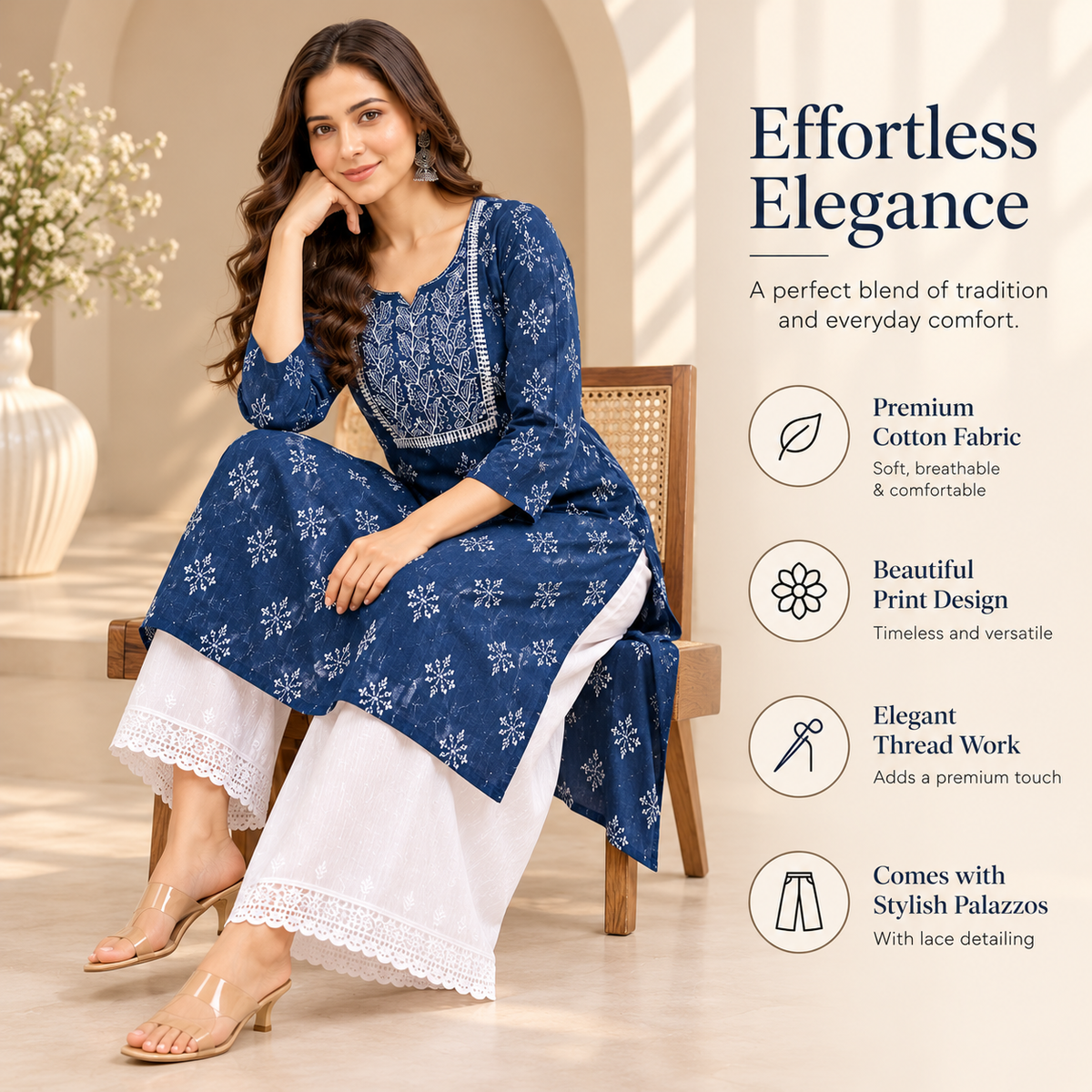 Navy Blue Printed Kurta with White Lace-Trim Palazzo