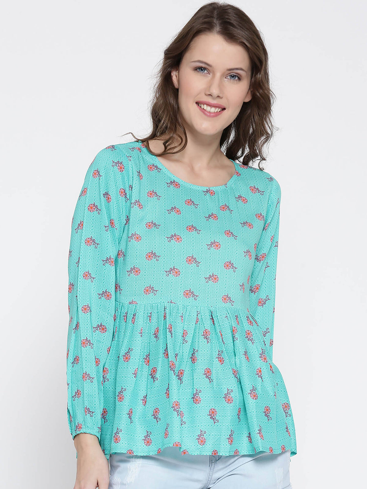 Turquoise Blue Printed Woven Peplum Top | pt51 - view 1