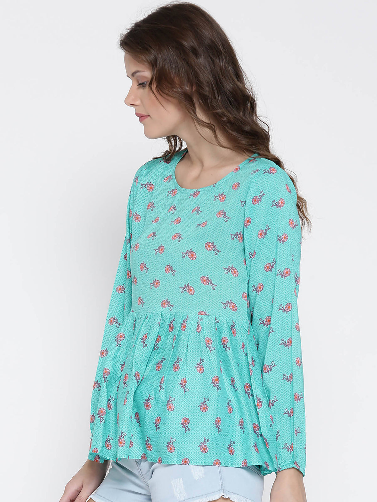 Turquoise Blue Printed Woven Peplum Top | pt51 - view 2