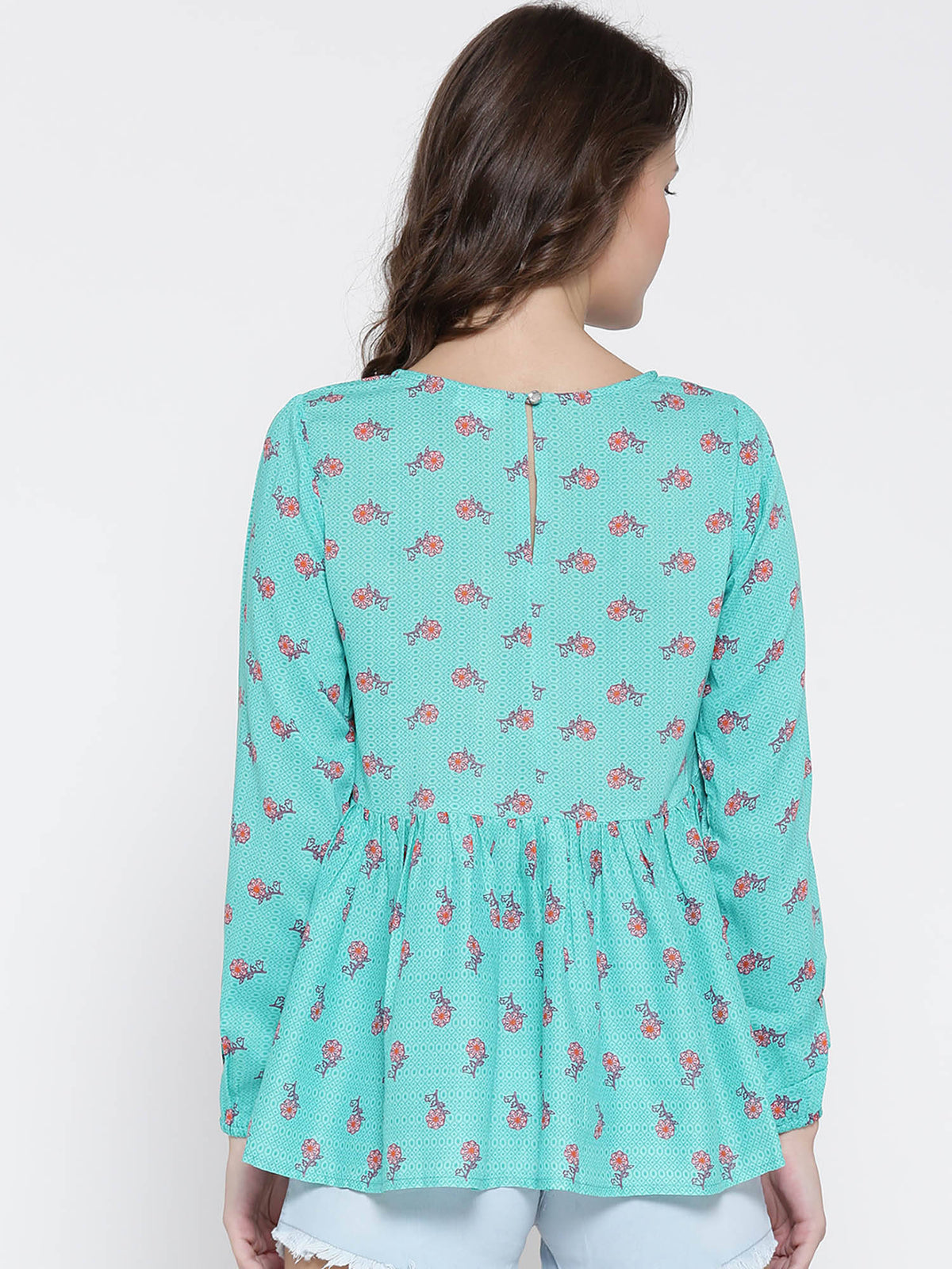 Turquoise Blue Printed Woven Peplum Top | pt51 - view 4