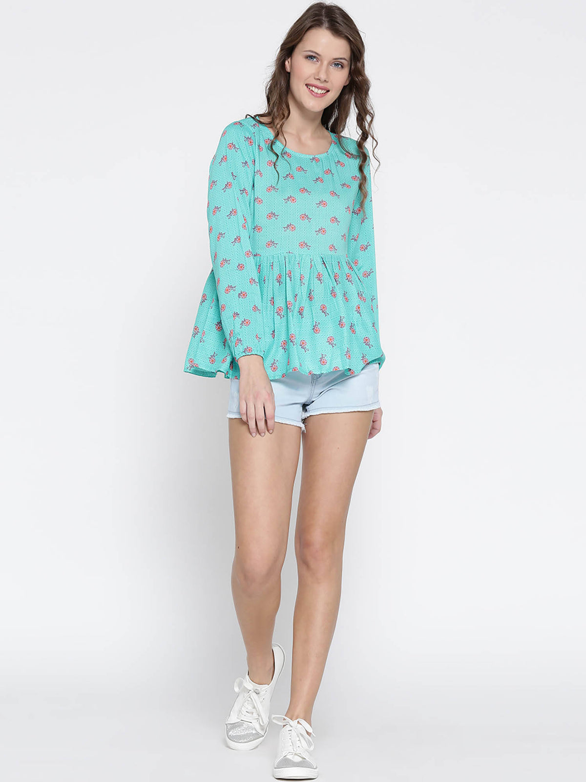 Turquoise Blue Printed Woven Peplum Top | pt51 - view 5