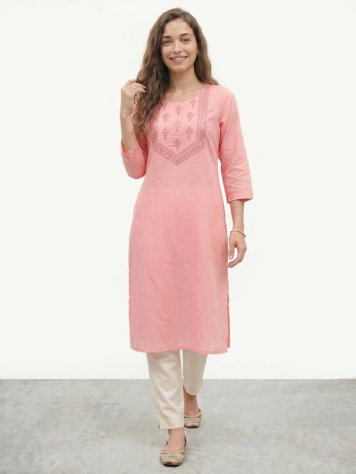 Peach Embroidered Straight Kurta | KDG - view 1